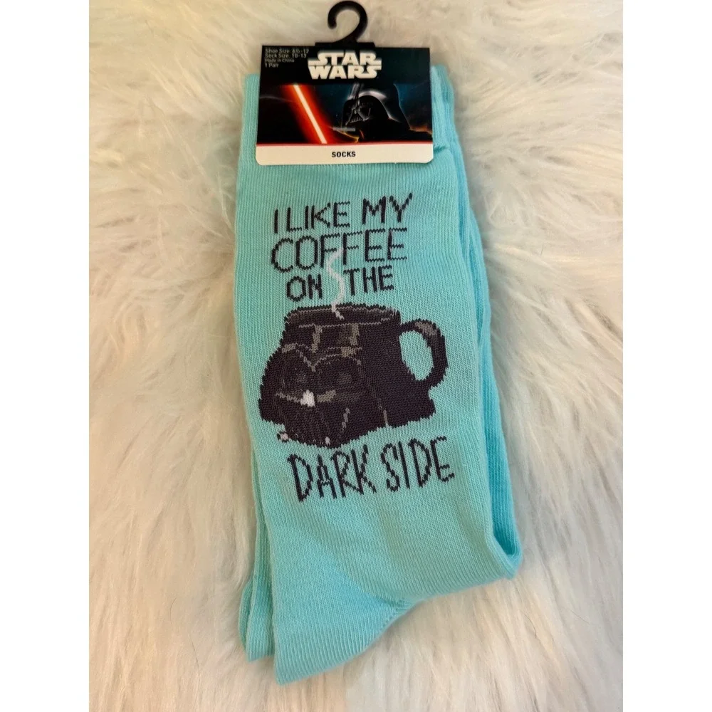 Star Wars Darth Vader Coffee Dark Side Aqua Blue Crew Socks Men 6.5-12 NEW